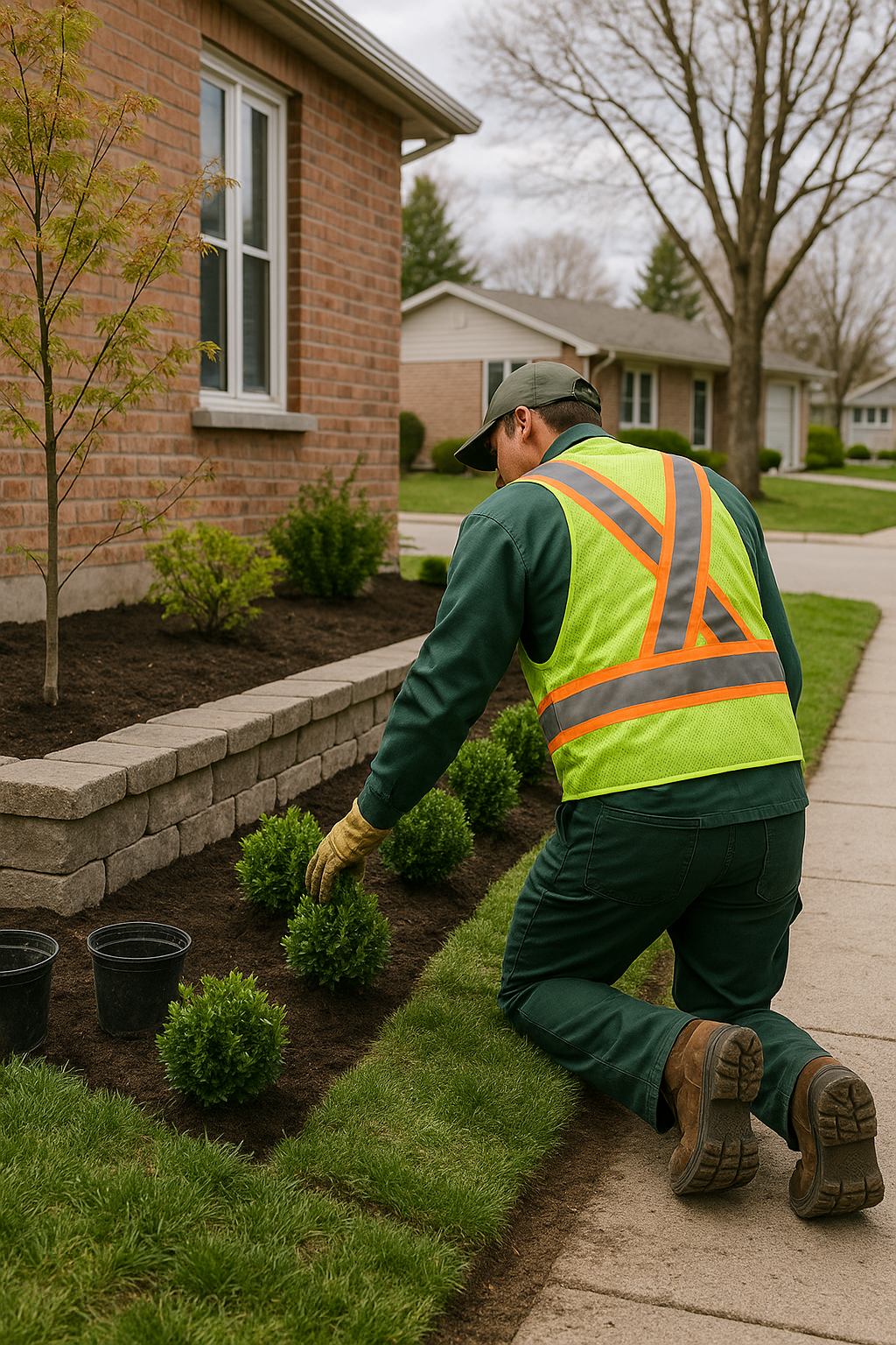 A man in a safety vest is actively working on a landscaping project outdoors.