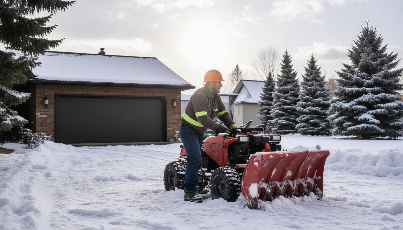 A man operates a snow blower to clear snow from a driveway on a winter day.