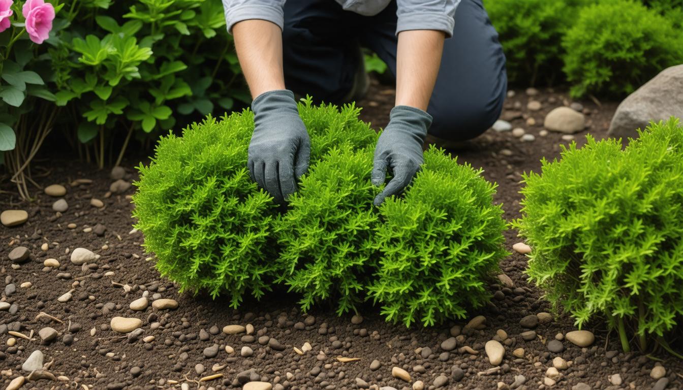 A person wearing gloves is carefully trimming a green shrub with pruning shears in a garden setting.