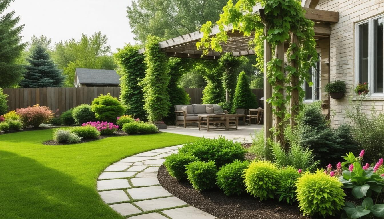 A backyard garden featuring a pergola surrounded by a lush green lawn.