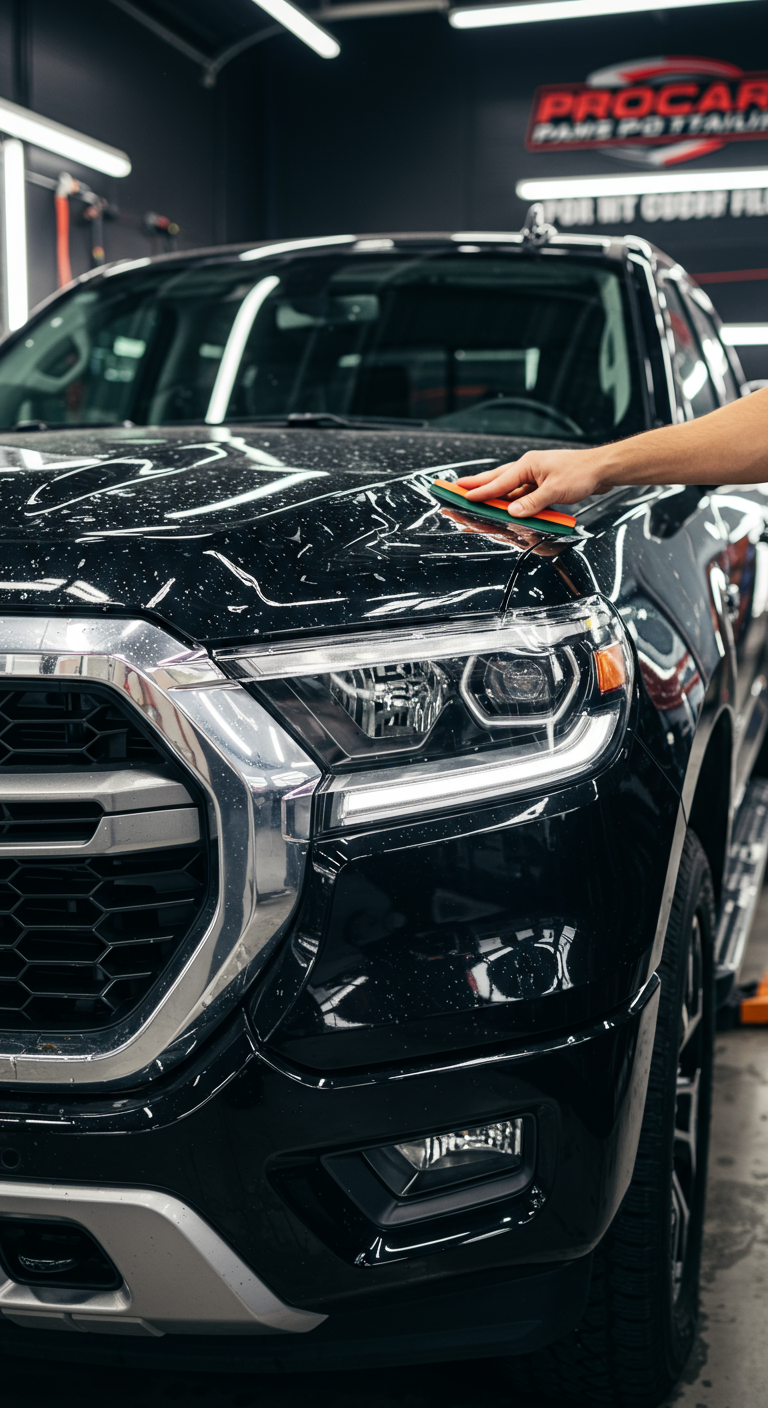 A shiny new pickup truck (in a well-lit garage or detailing shop). The hood and front bumper have a transparent paint protection film partially installed. One side of the hood shows the clear protective film applied, and the other side is uncovered, clearly contrasting the difference. A technician in a clean uniform is carefully smoothing out the film with a squeegee, emphasizing professional quality. The background includes detailing tools, lights, and a subtle brand logo or “Pro Car Detailing” sign.