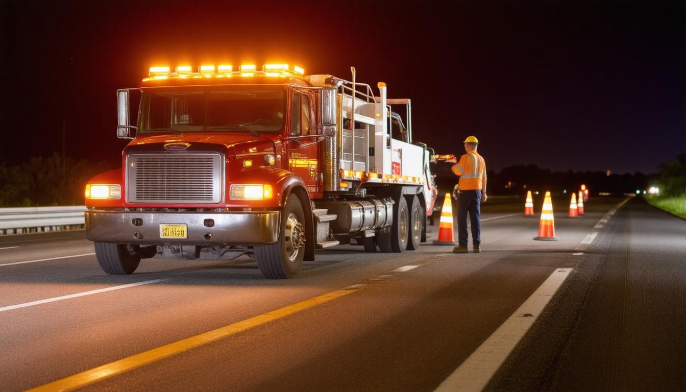 A large truck driving on a highway at night, illuminated by streetlights and headlights against a dark sky.