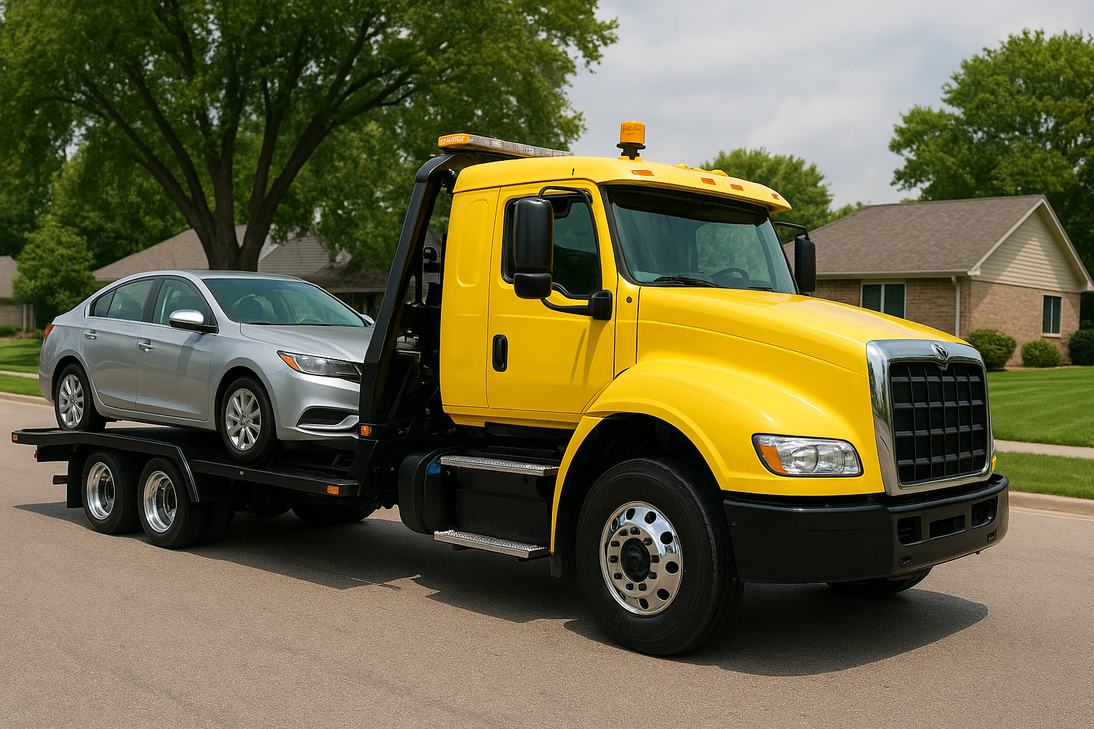 A yellow tow truck is towing a car on a city street.