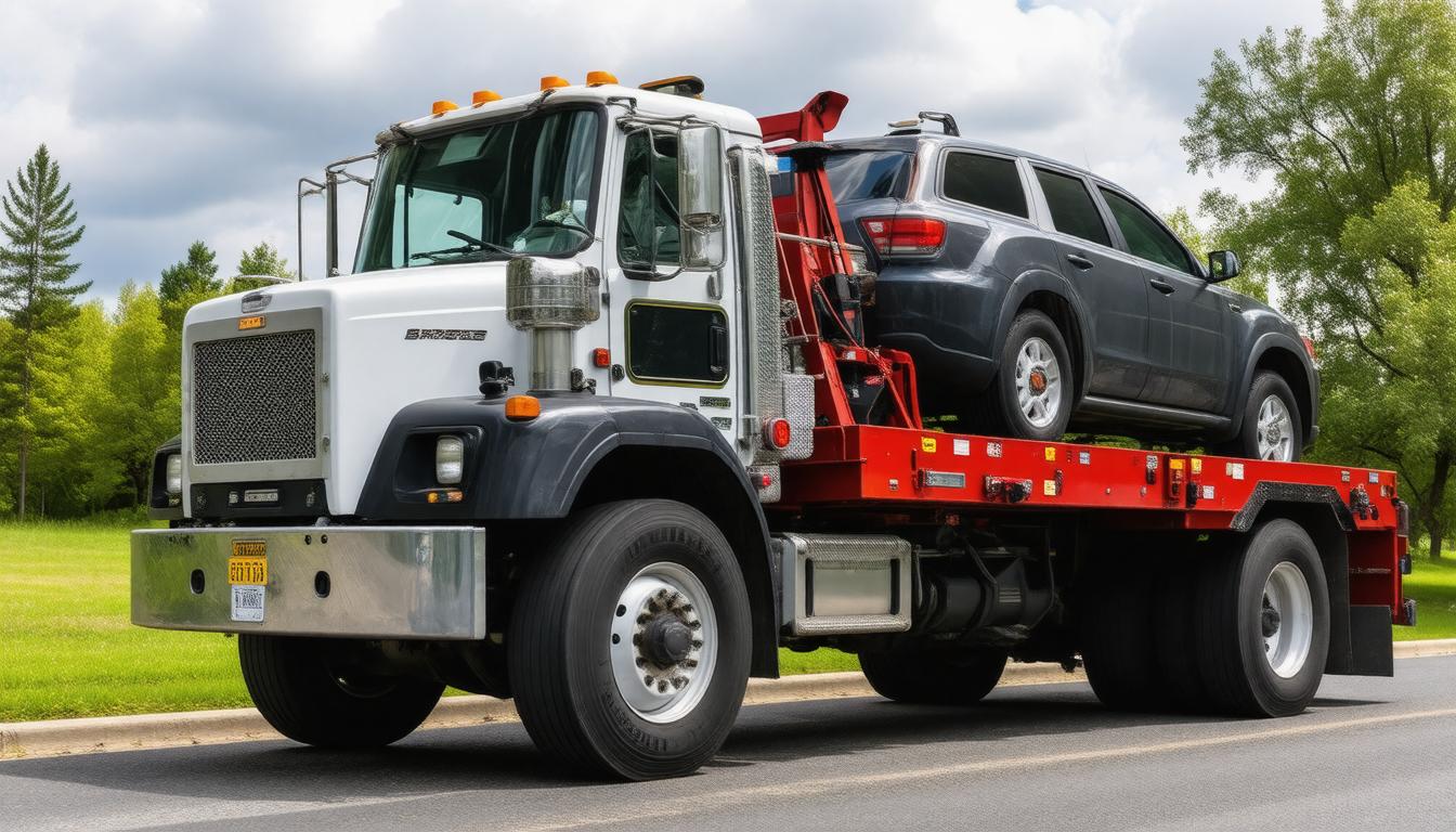 A tow truck transporting a car on its flatbed, parked on the side of the road.
