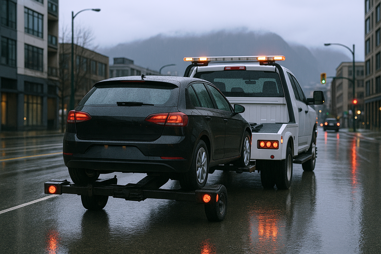 A tow truck pulling a car along a wet street, with rain-soaked pavement reflecting the vehicle's lights.