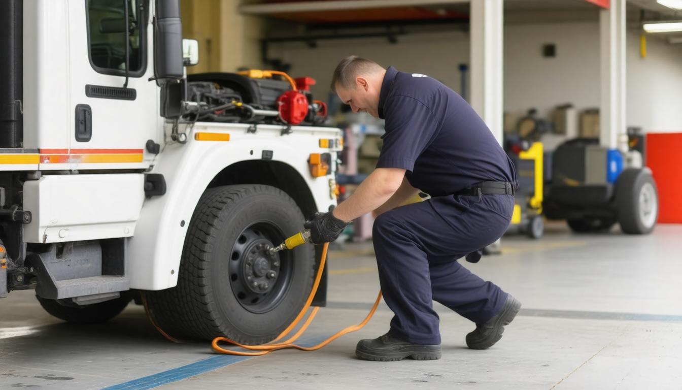 A man is repairing a truck tire, focused on his work in a garage setting.