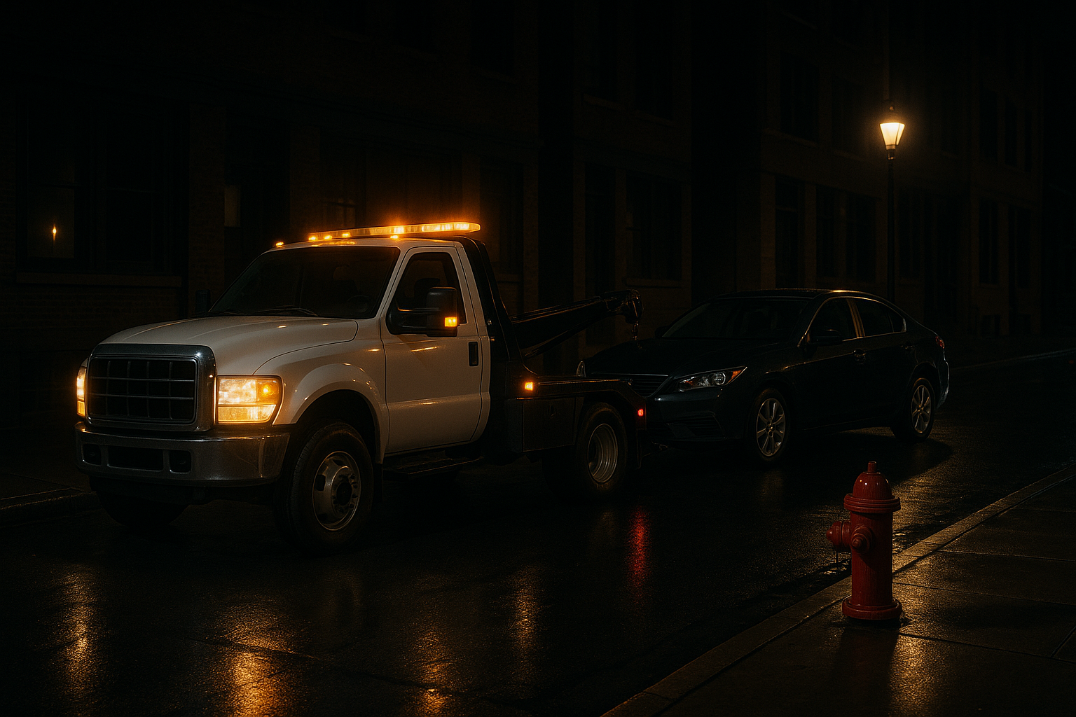 A tow truck parked on a wet street, illuminated by streetlights, during a rainy night.