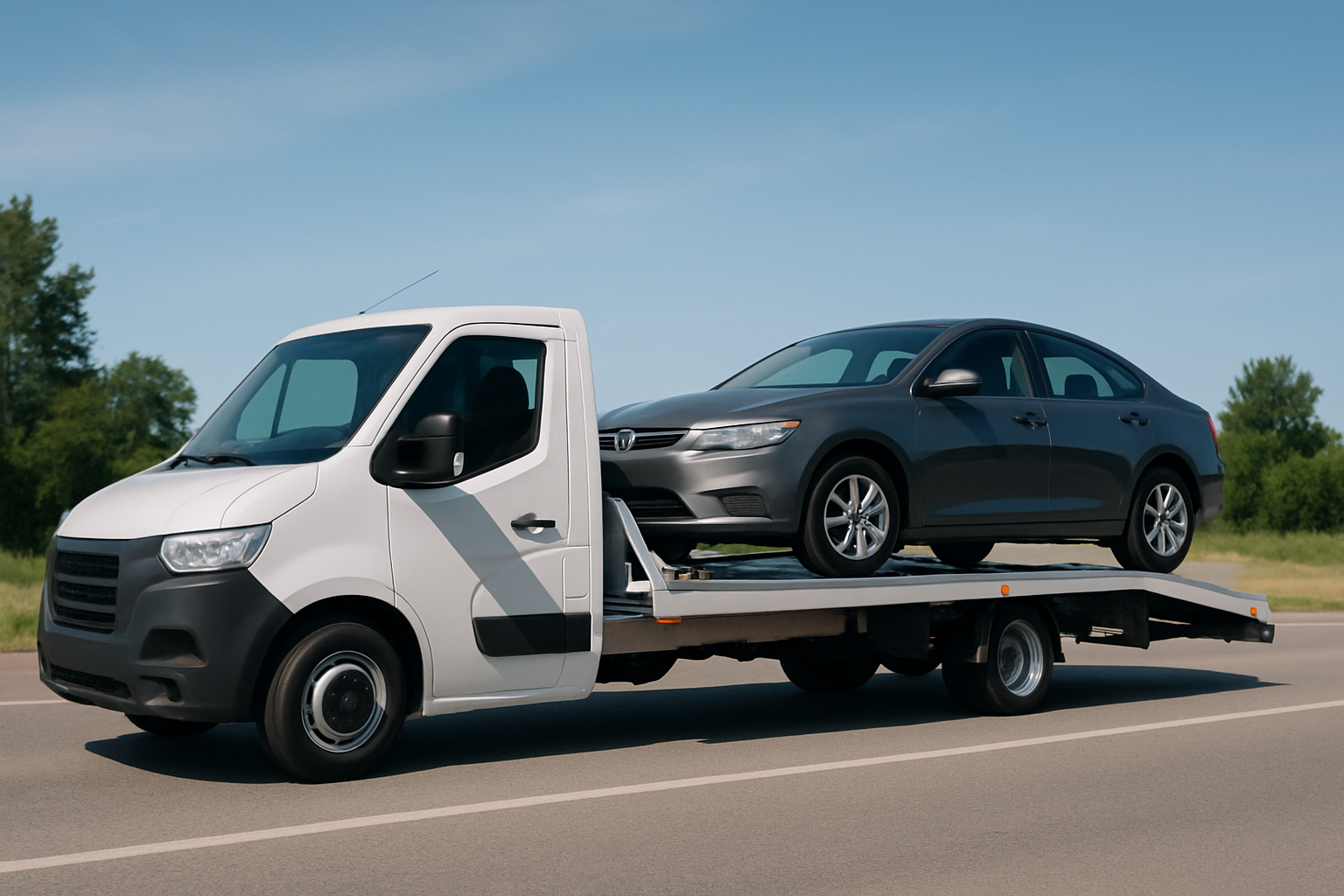 A car is being towed on a flatbed truck, positioned securely for transport.