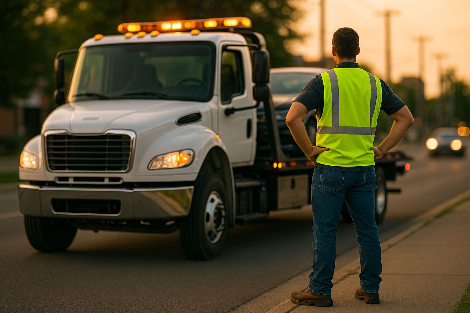 A man stands beside a tow truck, ready to assist with vehicle recovery on a roadside.