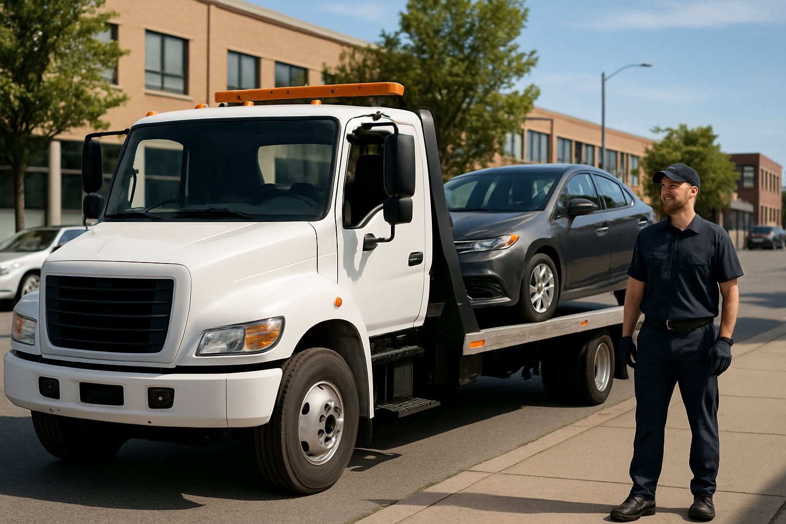 A man stands beside a tow truck with a car loaded on the back, ready to assist with vehicle recovery.