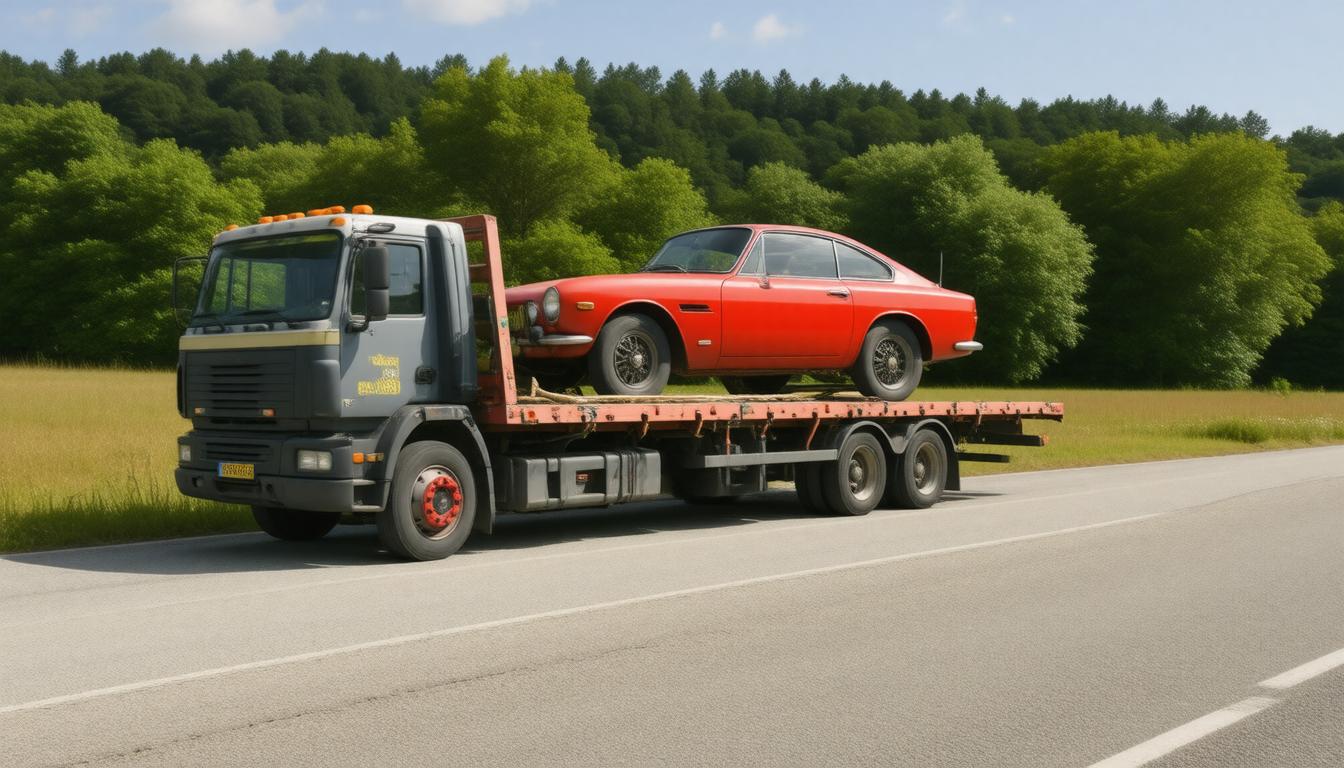 A red car is loaded onto a flatbed truck for transportation.