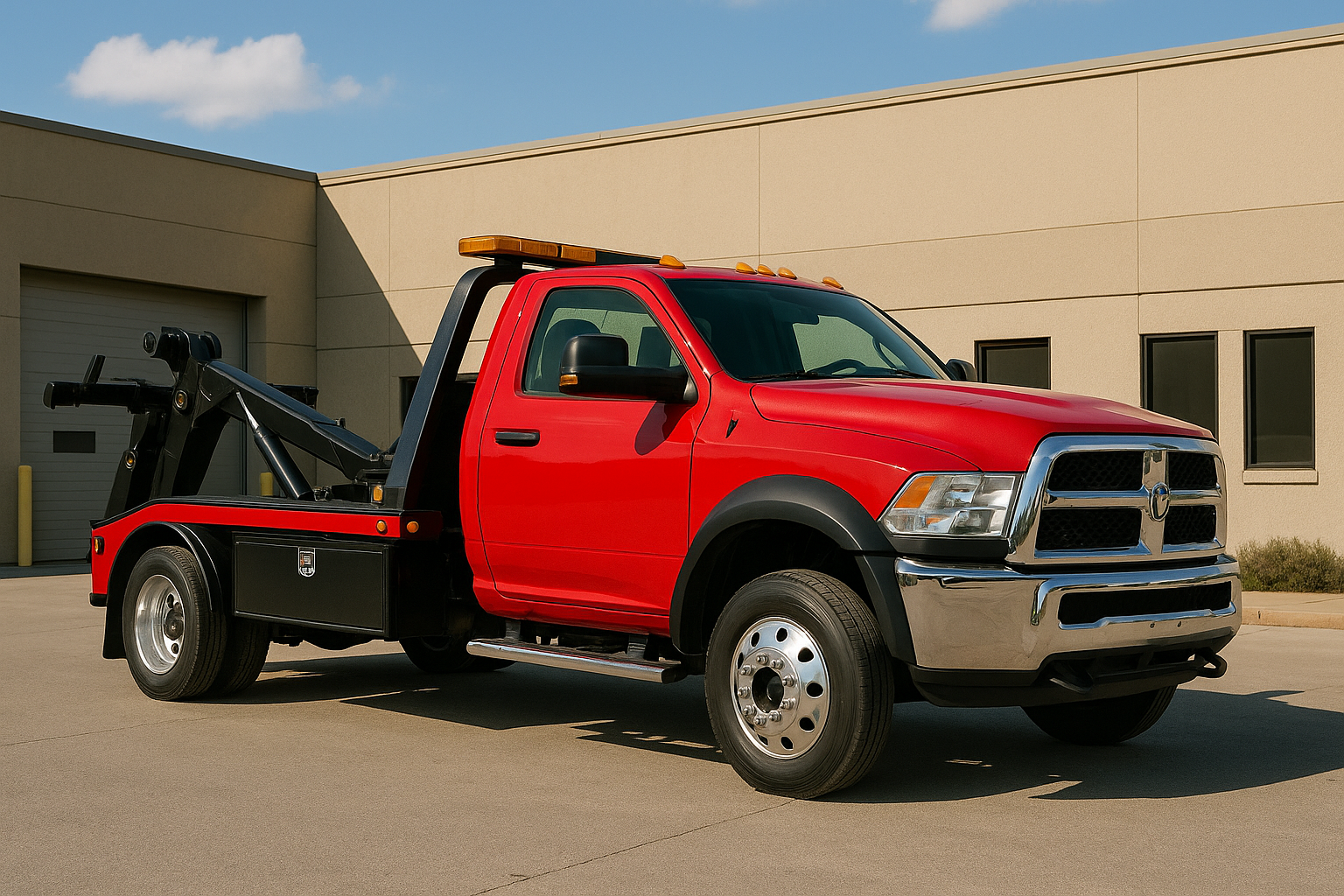 A red tow truck parked in front of a building, showcasing its bright color against the urban backdrop.