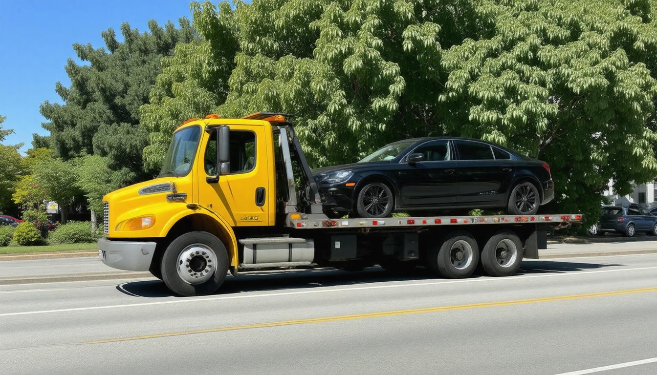 A tow truck transporting a black car on its flatbed, parked on a city street.
