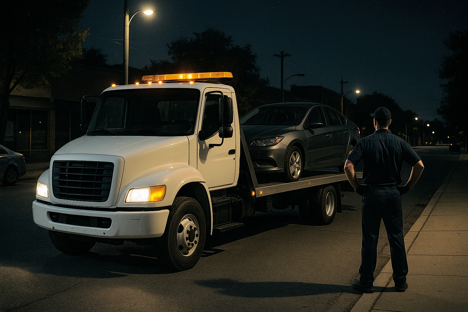 A man stands beside a tow truck at night, illuminated by the truck's headlights against a dark background.