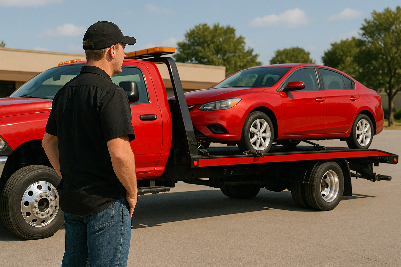 A man stands beside a red tow truck, ready to assist with vehicle recovery or roadside service.