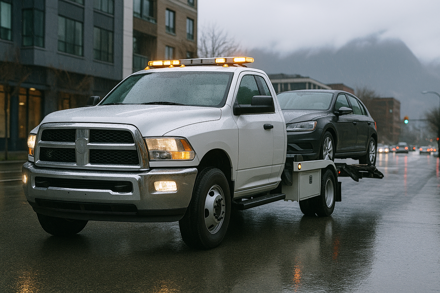 A tow truck carrying a car on its flatbed, parked on the side of the road.
