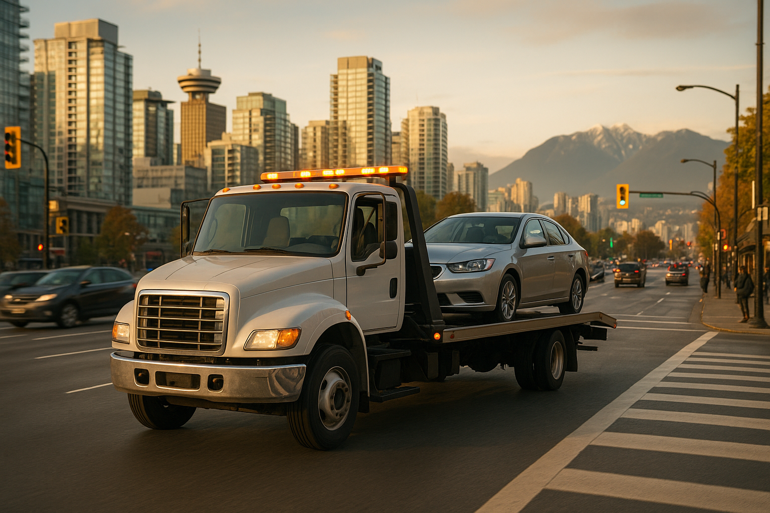 A tow truck driving along a busy city street, surrounded by buildings and parked cars.