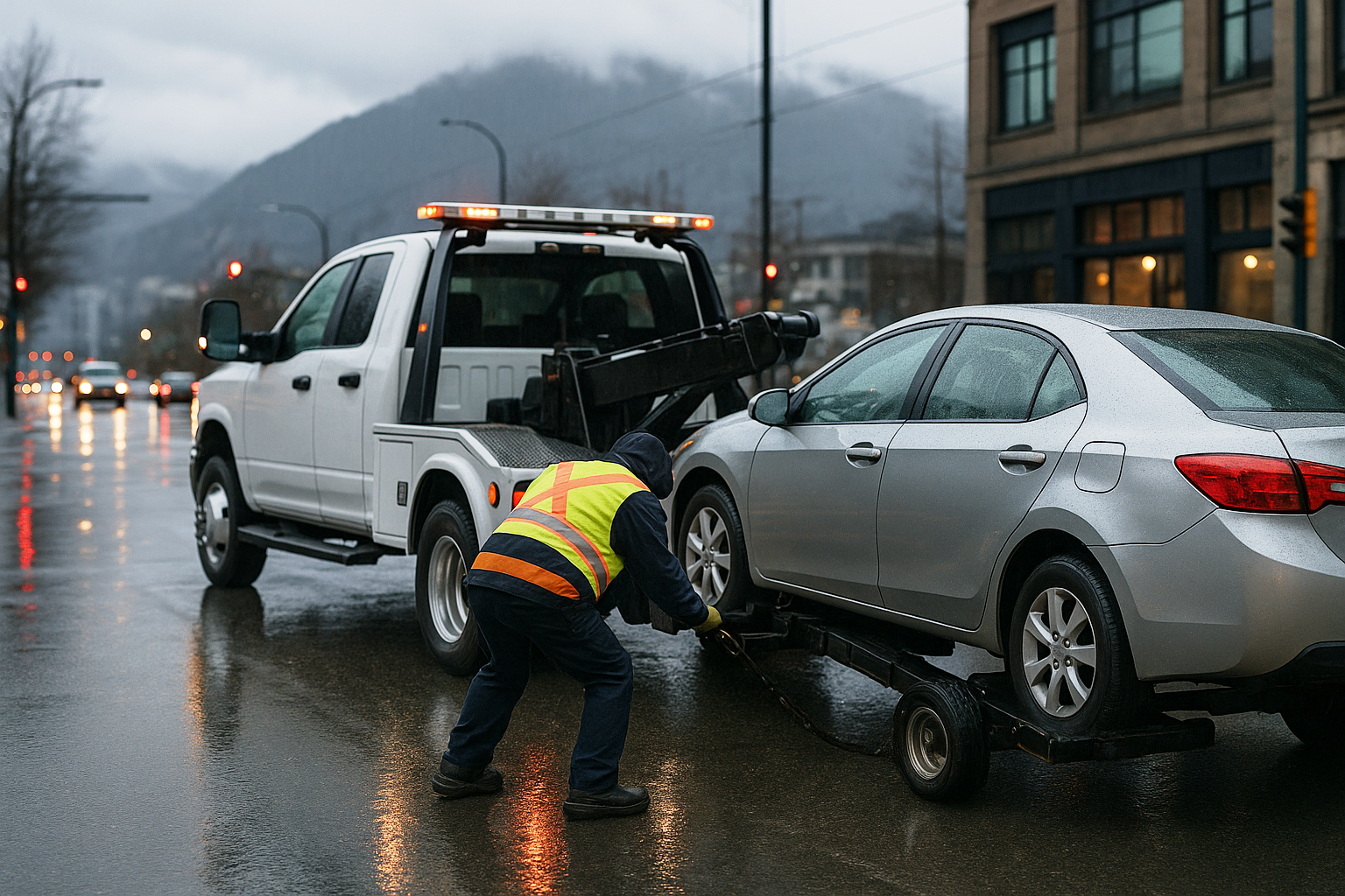 A man operates a tow truck, pulling a car onto the vehicle for transport.