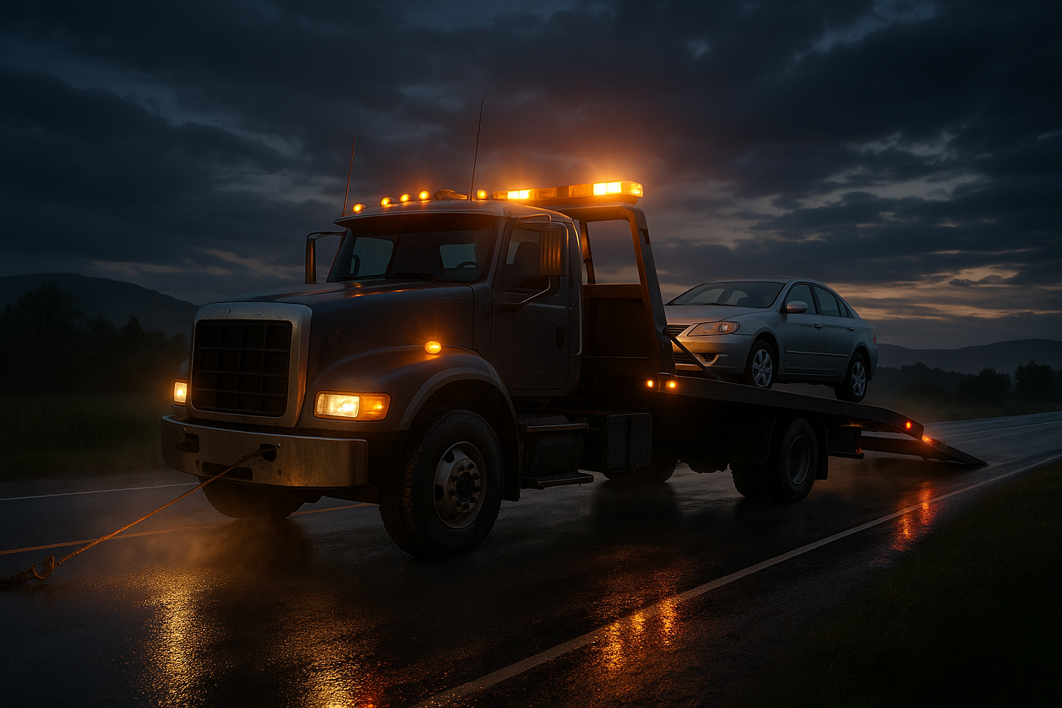 A tow truck pulls a car on a wet road, highlighting the challenging driving conditions.
