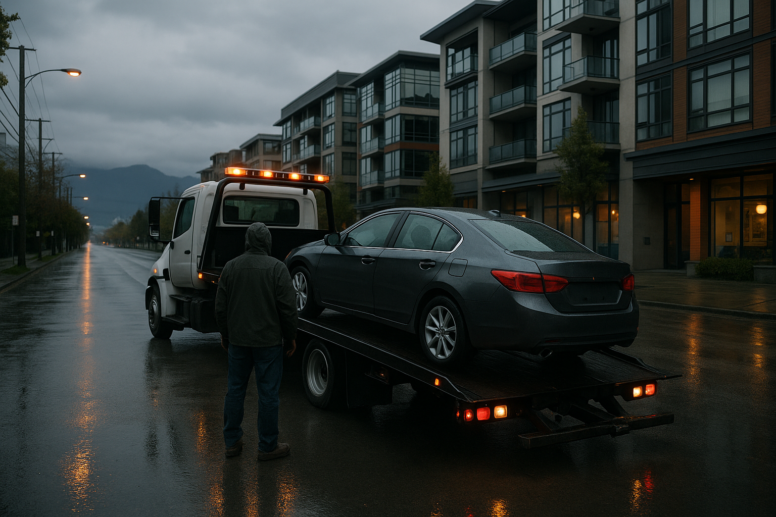 A man stands beside a tow truck on a wet street, with rain-soaked pavement reflecting the surrounding environment.