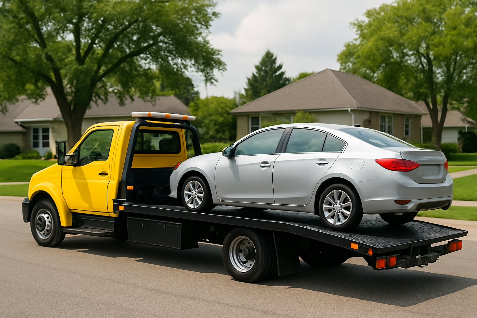 A yellow tow truck carrying a car on its flatbed, parked on a roadside.