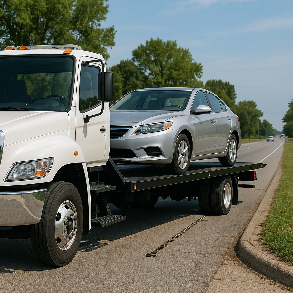 A tow truck carrying a car on its flatbed, parked on the side of the road.