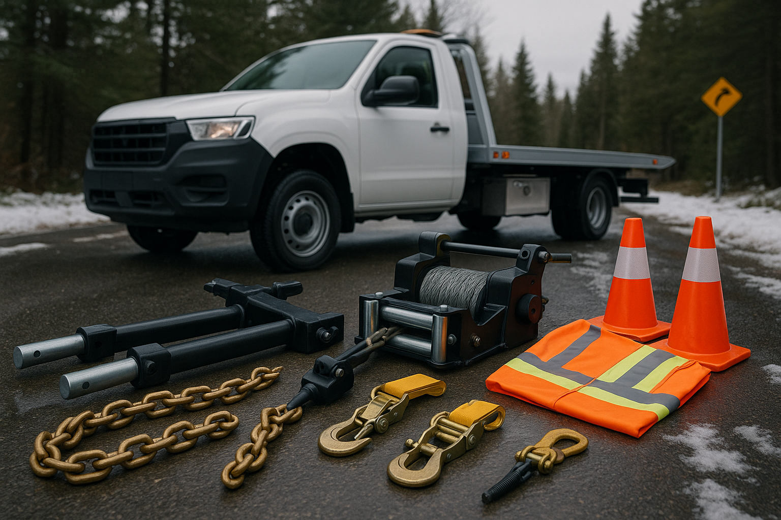 A truck equipped with a tow strap, chains, and various tools for towing or recovery operations.