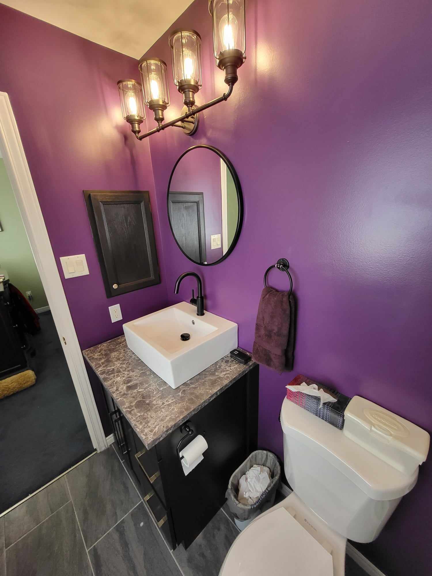 A newly renovated bathroom painted and decorated with a colour scheme inspired by Darkwing Duck.