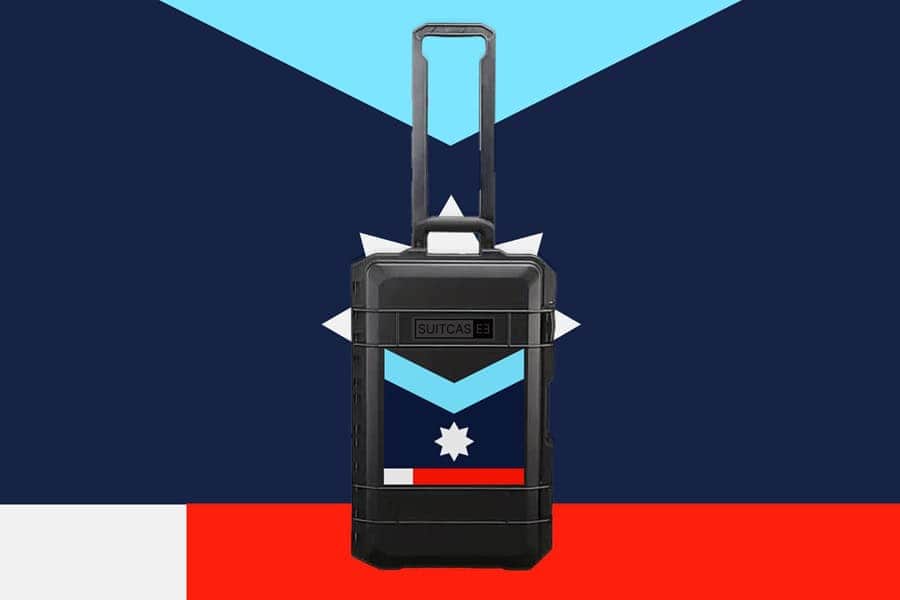 SUITCASEƎ Expedition Series Minnesota Blue Waterproof Carry-On cabin Suitcase in black, showcasing durable design and indigenous-inspired artwork.