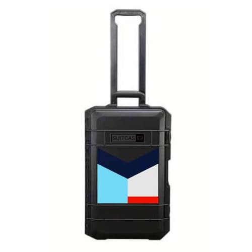 SUITCASEƎ Expedition Series Socotra Blue Waterproof Carry-On Suitcase in black, designed for smooth rolling with striking artwork