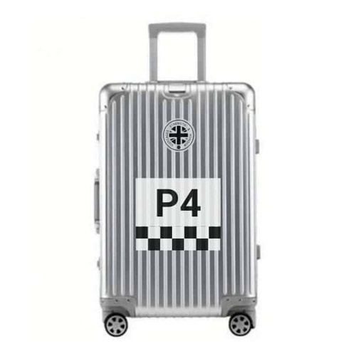 Silver SUITCASEƎ Racecar Ferrari 330 P4 Aluminium Carry-On Suitcase designed for easy rolling with striking chequered artwork on the cabin bag.