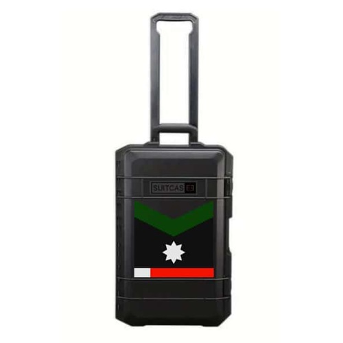 SUITCASEƎ Expedition Series Minnesota Black Waterproof Carry-On Suitcase in black, showcasing durable design and indigenous-inspired artwork.