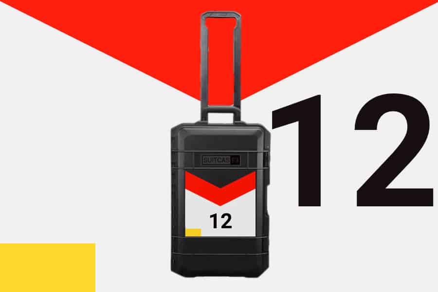 Artist Artwork SUITCASEƎ Expedition Series Champion Waterproof Carry-On Suitcase - Number 12 Senna White, durable design inspired by motorsport liveries