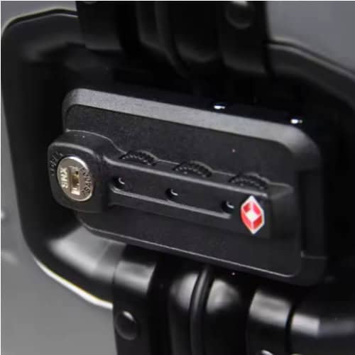 Gunmetal grey Origin 4 Series Aluminium medium check-in Suitcase and hold luggage TSA lock detail
