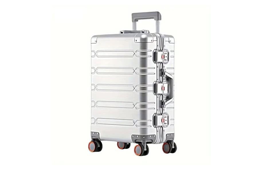 Silver SUITCASEƎ Origin 3 Large Check-In suitcase, luxury aluminium design, durable and smooth-rolling luggage.