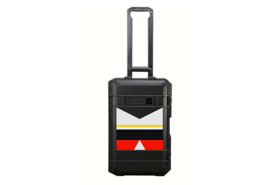 Black SUITCASEƎ Expedition Series La Palma Red Waterproof Carry-On Suitcase, designed for smooth rolling with striking artwork inspired by La Palma Island
