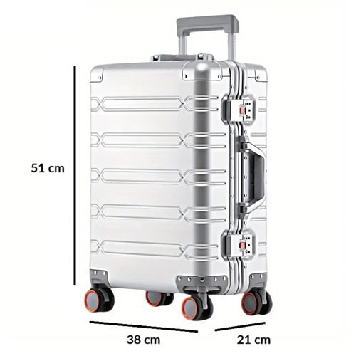 Upright Silver SUITCASEƎ Origin 3 Cabin Bag with rolling wheels, featuring luxury aluminium suitcase design.