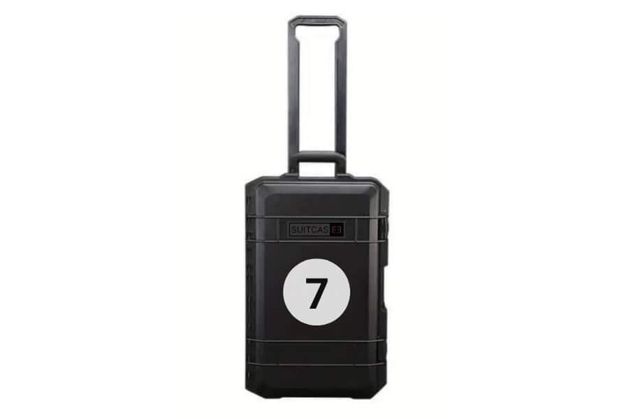 Black SUITCASEƎ Driver Stewart Driver 7 Waterproof Carry-On Suitcase - Durable, stylish design for motor racing fans and travellers.