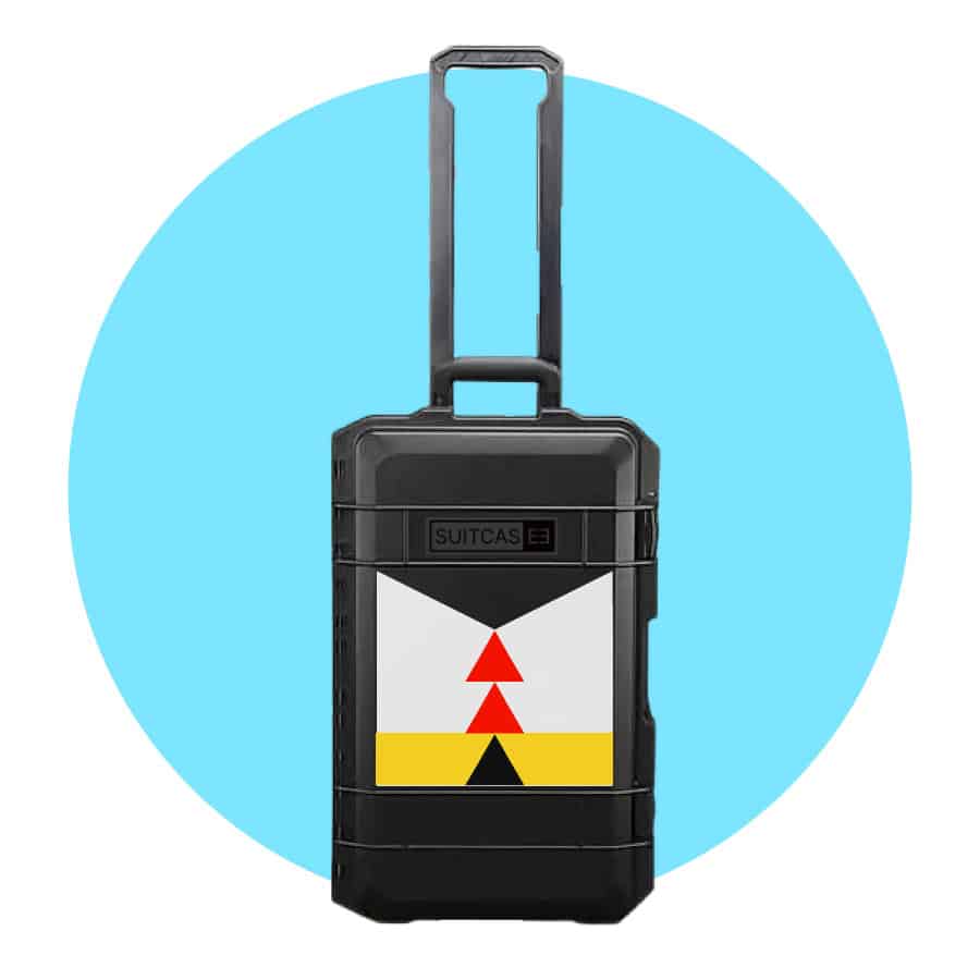 Black SUITCASEƎ Expedition Series Rapa Nui White Waterproof Carry-On Suitcase, designed for smooth rolling with striking Easter Island artwork.