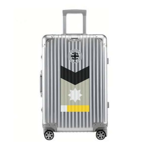 SUITCASEƎ Trip Series Minnesota Green Aluminium Carry-On Suitcase in silver, showcasing durable design and indigenous-inspired artwork.