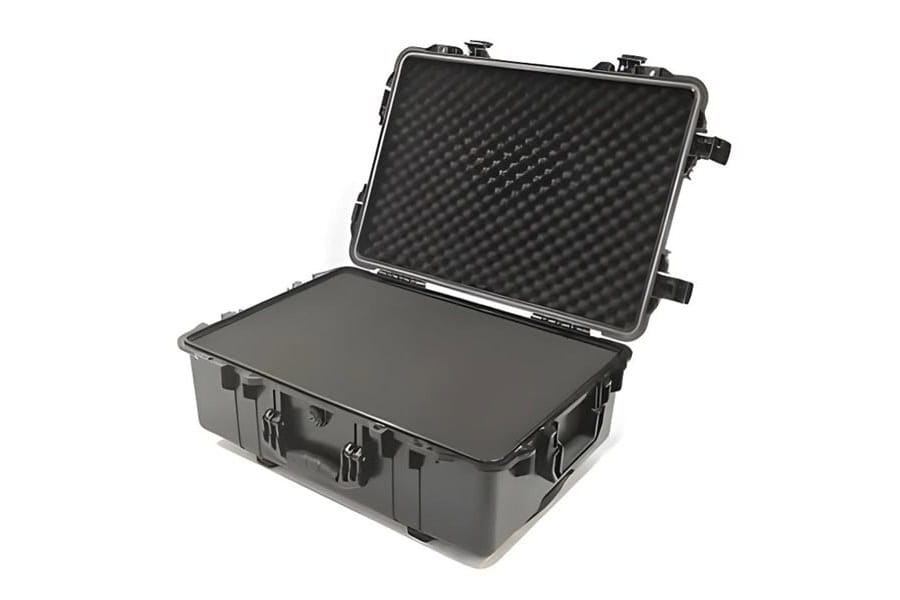 Black open SUITCASEƎ Icon Medium Check-In Suitcase, waterproof and TSA-approved rolling luggage, for secure travel and protection of your belongings.