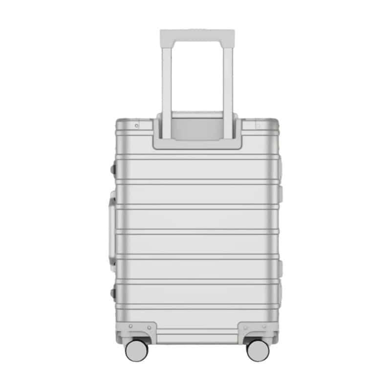 Silver SUITCASEƎ Origin 4 medium check-in suitcase, luxury aluminium design hold luggage with durable handle and TSA-approved lock back view.