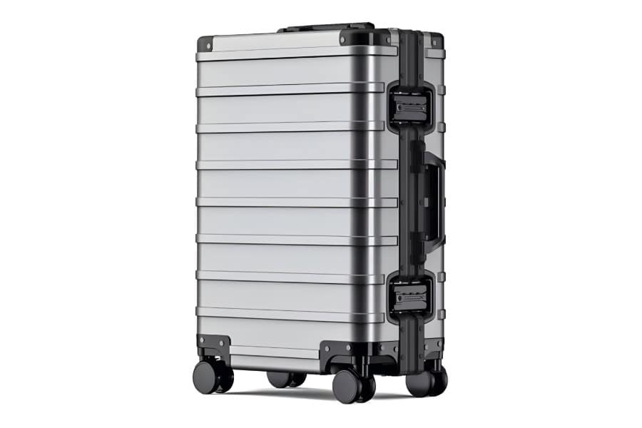 Gunmetal grey SUITCASEƎ Origin 4 medium check-in suitcase, luxury aluminium design hold bag, durable and smooth-rolling luggage.
