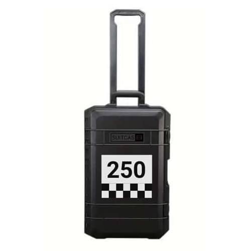 Black SUITCASEƎ Racecar Ferrari 250 GTO Waterproof Carry-On Suitcase designed for easy rolling with striking chequered artwork.