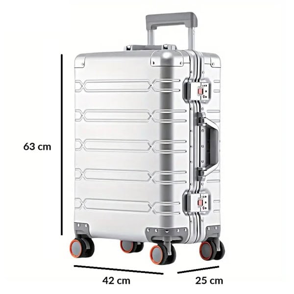 Upright Silver SUITCASEƎ Origin 3 Medium Check-In suitcase with rolling wheels, featuring luxury aluminium design.