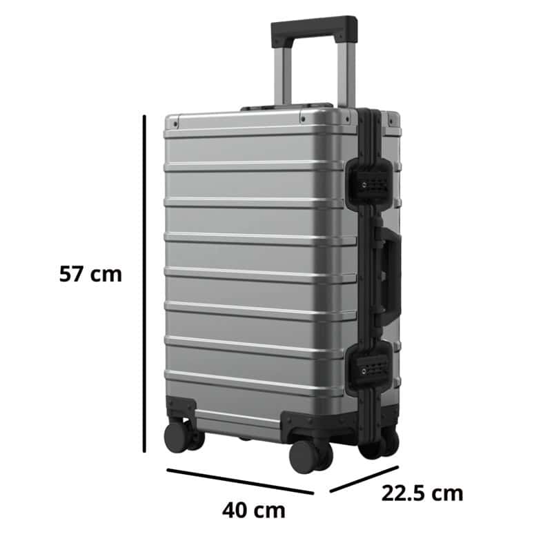 Upright Gunmetal grey SUITCASEƎ Origin 4 Carry-On suitcase, luxury aluminium design cabin bag dimensions