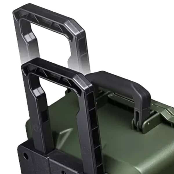 Close-up of the retractable handle on the green SUITCASEƎ Waterproof Carry-On Suitcase, designed for smooth rolling and durability.
