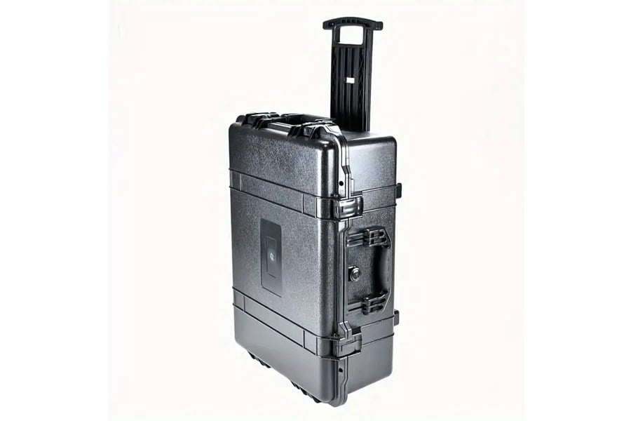 Black upright SUITCASEƎ Icon Medium Check-In Suitcase, waterproof and TSA-approved rolling luggage, for secure travel and protection of your belongings.