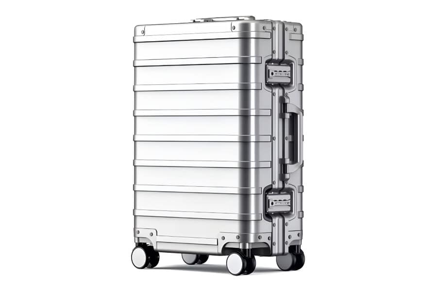 Silver SUITCASEƎ Origin 4 medium check-in suitcase, luxury aluminium design hold bag, durable and smooth-rolling luggage.