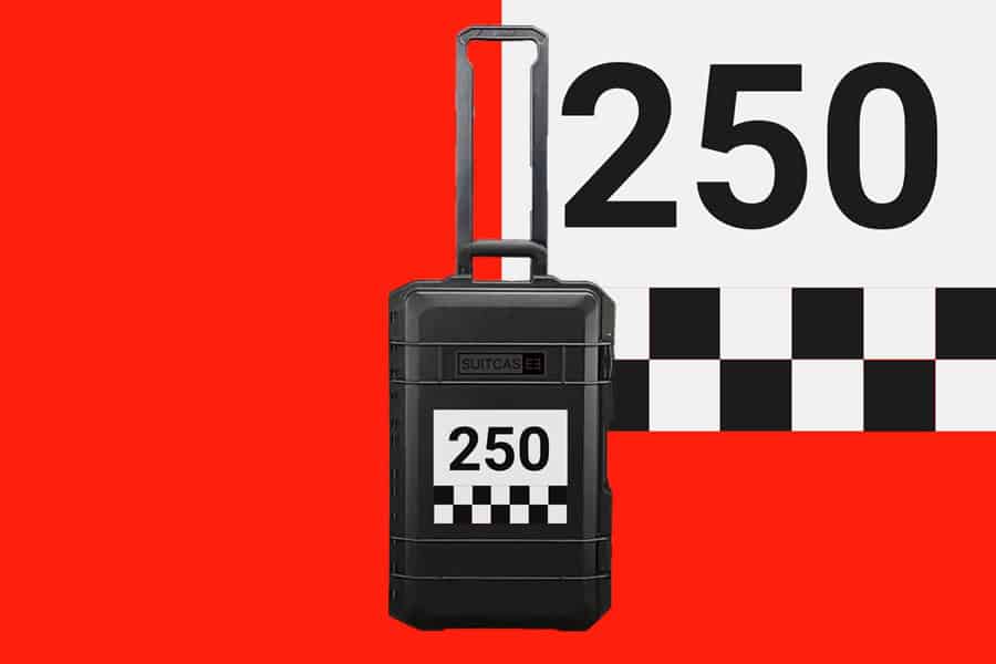 Black SUITCASEƎ Racecar Ferrari 250 GTO Waterproof Carry-On Suitcase designed for easy rolling with striking chequered artwork.